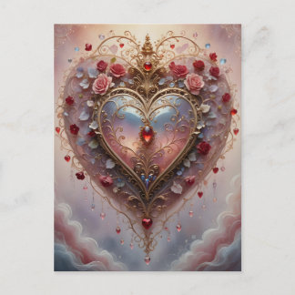 Victorian golden heart, roses and flowers, vintage feestdagenkaart