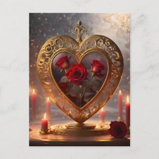 Victorian golden heart with red roses, vintage feestdagenkaart