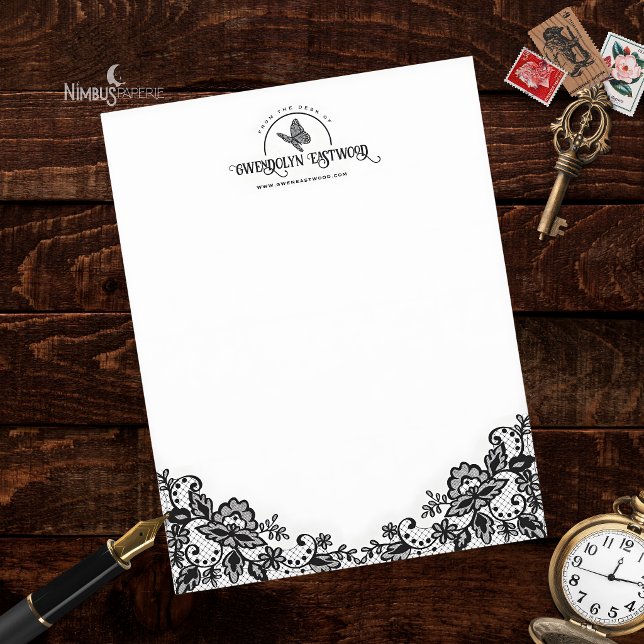 Victorian Gothic Black Lace & Butterfly Letterhead Briefhoofd (Creator heeft geüpload)