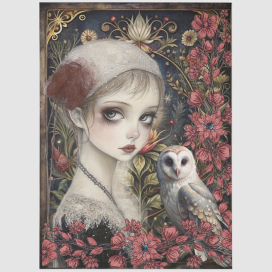 Victorian Gothic Girl White Owl Floral Collage Tissuepapier (Voorkant)
