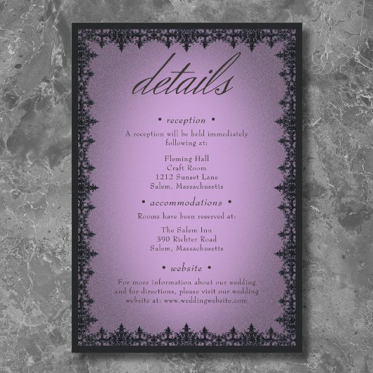 Victorian Gothic Iron Border Purple Wedding Informatiekaartje