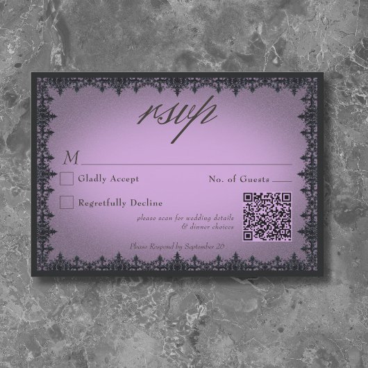 Victorian Gothic Iron Border Purple Wedding QR RSVP Kaartje