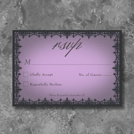 Victorian Gothic Iron Border Purple Wedding RSVP Kaartje