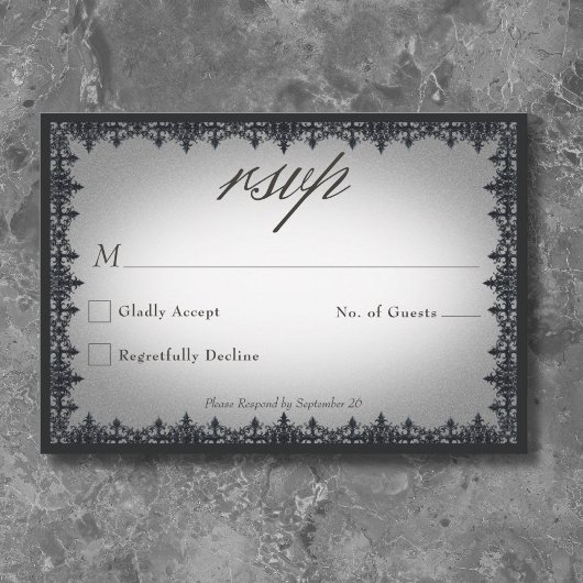 Victorian Gothic Iron Border White Wedding RSVP Kaartje