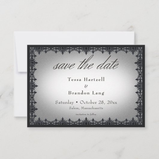 Victorian Gothic Iron Border White Wedding Save The Date (Voorkant)
