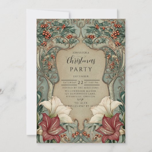 Victorian Holly & Amaryllis Christmas Kaart (Voorkant)