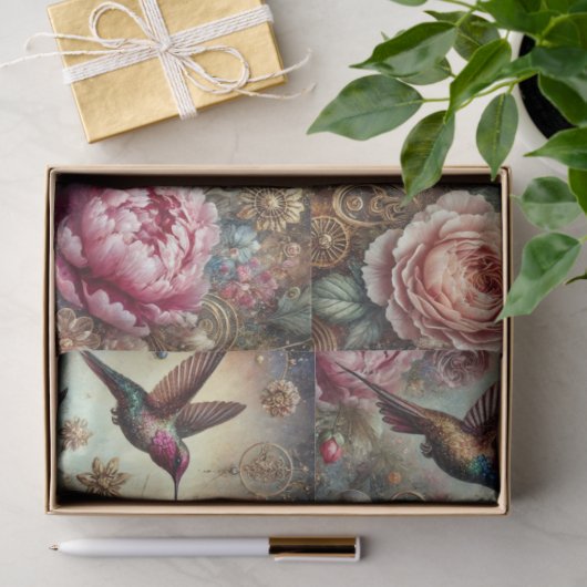 Victorian Hummingbird & Pastel Rose Decoupage  Tissuepapier (Geschenk)
