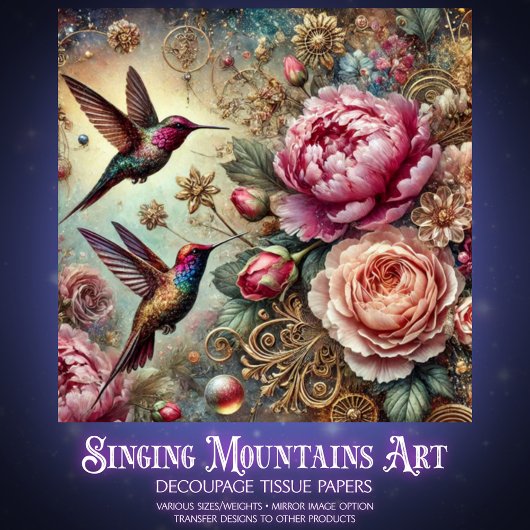 Victorian Hummingbird & Pastel Rose Decoupage Tissuepapier