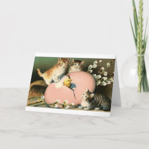 Victorian Kittens And Hatching Chick Easter Card Feestdagen Kaart