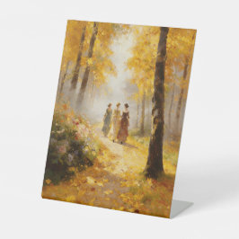 Victorian Ladies Autumn Forest Stroll Oil Painting Reclamebord Met Voetstuk