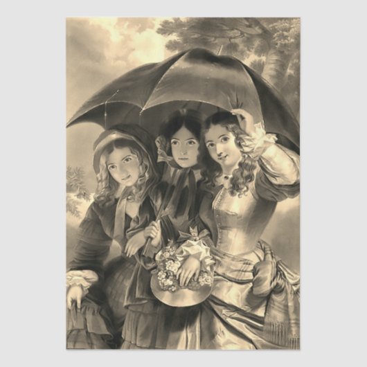 Victorian lady umbrella rainy day sepia tissuepapier (Voorkant)