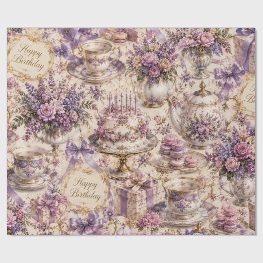 Victorian Lavendel Thee Feest Verjaardag Cadeaupapier (Vlak)
