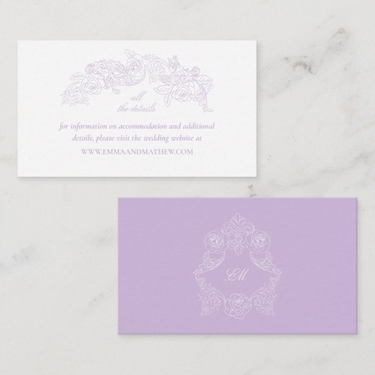 Victorian Lavender Crest Wedding Website Informatiekaartje (Voorkant / Achterkant)
