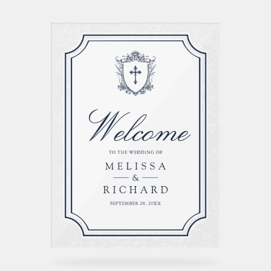 Victorian Navy Blue Catholic Wedding Welcome Acryl Bord (Voorkant)