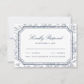 Victorian Navy Blue Floral Line Art Wedding RSVP Kaartje (Voorkant)