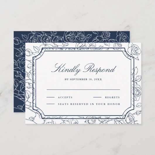 Victorian Navy Blue Floral Line Art Wedding RSVP Kaartje (Voorkant / Achterkant)