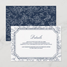 Victorian Navy Blue Line Art Wedding Details Informatiekaartje