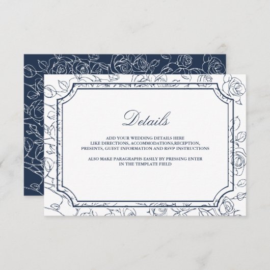 Victorian Navy Blue Line Art Wedding Details Informatiekaartje (Voorkant / Achterkant)