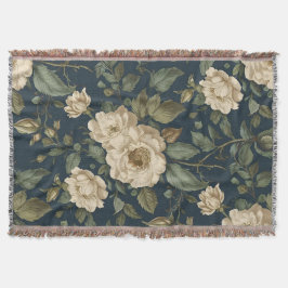 Victorian Navy & Cream Floral Botanical Blanket Deken