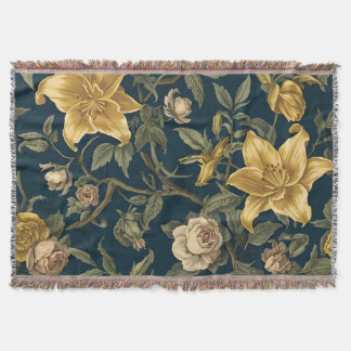 Victorian Navy & Yellow Lily Vintage Floral Patter Deken