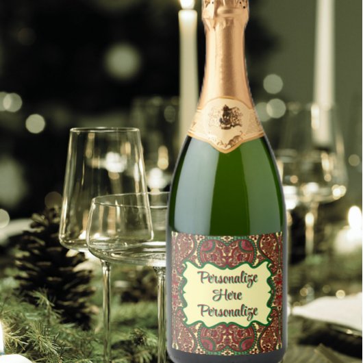 Victorian paisley pattern elegant red green gold sparkling wijnetiket