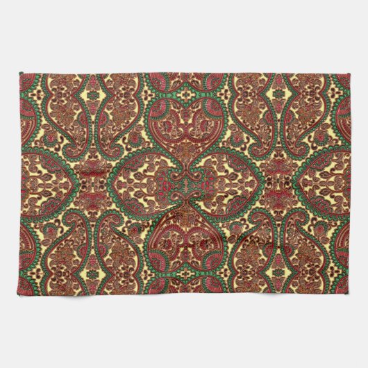 Victorian paisley pattern elegant red green gold theedoek (Horizontaal)