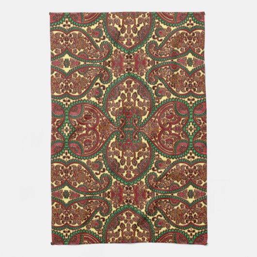 Victorian paisley pattern elegant red green gold theedoek (Verticaal)
