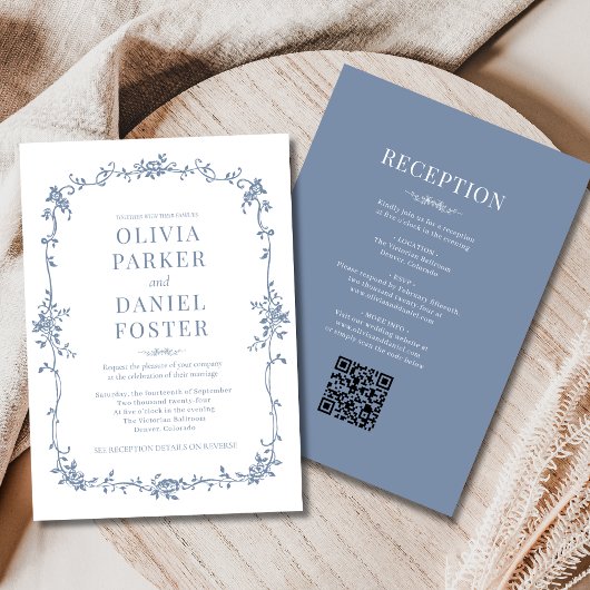 Victorian QR Code All in One Dusty Blue Wedding  Kaart