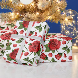 Victorian Red Roses Foliage Botanical Pattern Cadeaupapier