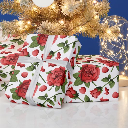 Victorian Red Roses Foliage Botanical Pattern Cadeaupapier (Feestdagen)