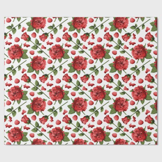 Victorian Red Roses Foliage Botanical Pattern Cadeaupapier (Vlak)