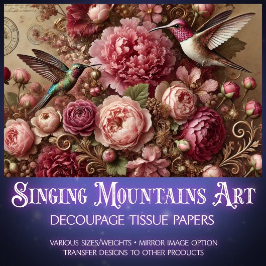 Victorian Romance Hummingbird Floral Decoupage  Tissuepapier