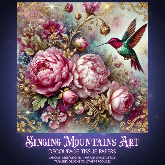 Victorian Romance Pink Rose Hummingbird Decoupage  Tissuepapier