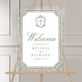 Victorian Sage Green Catholic Wedding Welcome Acryl Bord