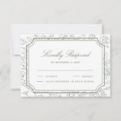 Victorian Sage Green Floral Line Art Wedding RSVP Kaartje (Voorkant)
