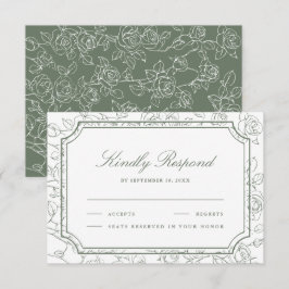 Victorian Sage Green Floral Line Art Wedding RSVP Kaartje