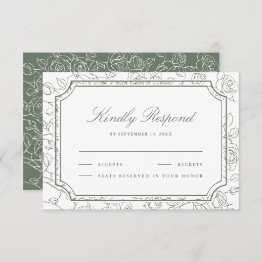 Victorian Sage Green Floral Line Art Wedding RSVP Kaartje (Voorkant / Achterkant)
