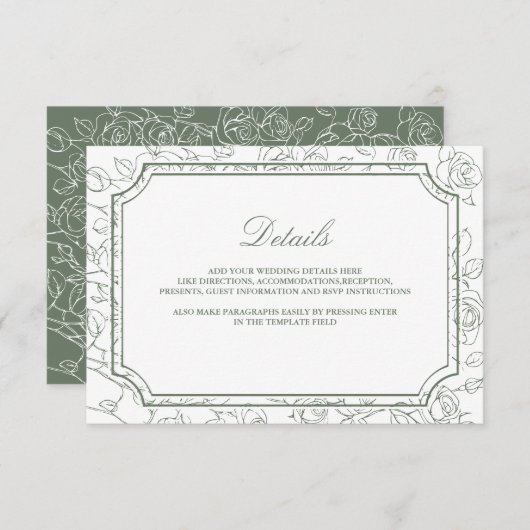 Victorian Sage Green Line Art Wedding Details Informatiekaartje (Voorkant / Achterkant)