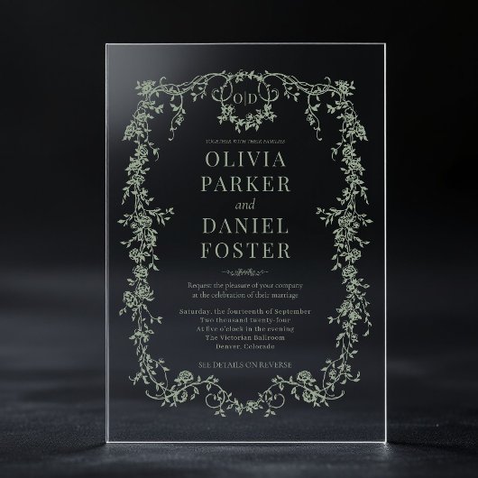 Victorian Sage Green Wedding Monogram Acryl Uitnodigingen