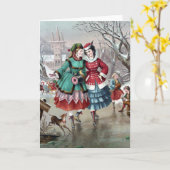 Victorian Schaats Scene Wenskaart Kaart (Gele Bloem)