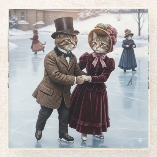 Victorian Skating Cats Glass Coaster Glazen Onderzetter (Voorkant)