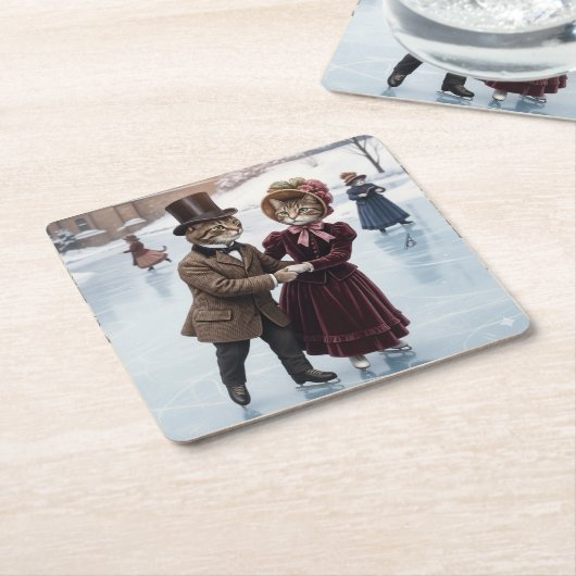 Victorian Skating Cats Paper Coaster Kartonnen Onderzetters (Schuin)