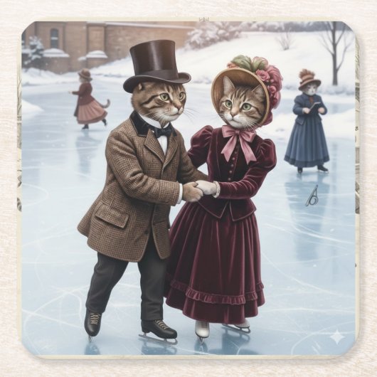 Victorian Skating Cats Paper Coaster Kartonnen Onderzetters (Voorkant)