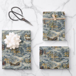 Victorian Snowy Village Christmas Illustration Inpakpapier Vel