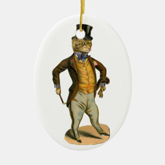 Victorian style cat with top hat keramisch ornament (Voorkant)
