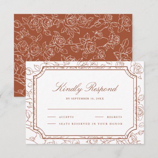 Victorian Terracotta Floral Line Art Wedding RSVP Kaartje (Voorkant / Achterkant)