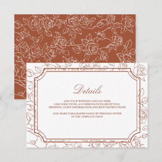 Victorian Terracotta Line Art Wedding Details Informatiekaartje (Voorkant / Achterkant)