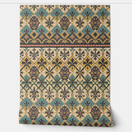 Victorian Tile Pattern in Teal, Gold, and Burgundy Behang