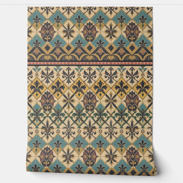 Victorian Tile Pattern in Teal, Gold, and Burgundy Behang (Afrollen)