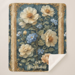 Victorian Vintage Soft Ivory Peony English Garden  Sherpa Deken